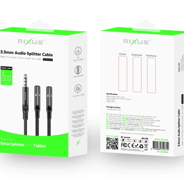 Rixus RXMU35A 3.5mm Jack Separate Headsets Splitter Adapter 30cm Black